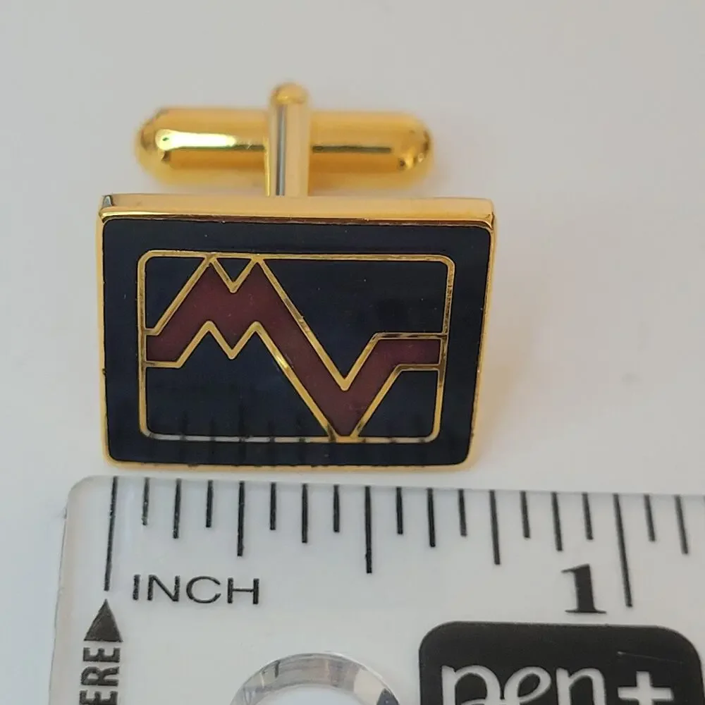 Mario Valentino MV Gold Black Red Tone Rectangle Logo Cufflinks Designer Retro